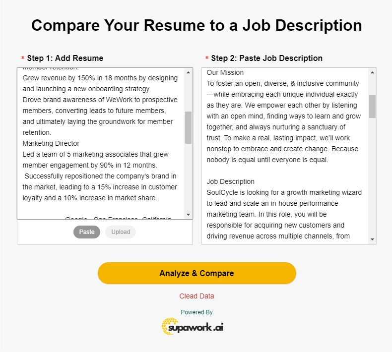 Step 1: Submit essential resume details and job description to Supawork AI