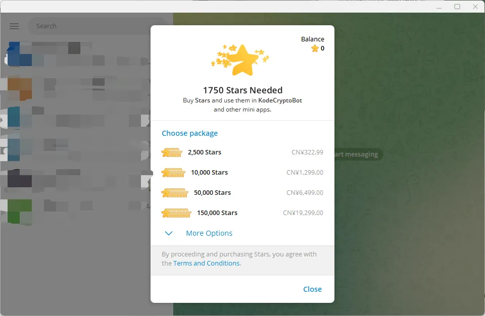 Scherm voor aankoop van Telegram Stars