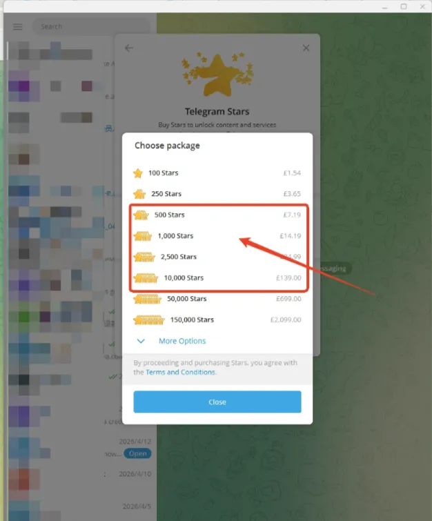 Telegram Stars-opwaardeerscherm