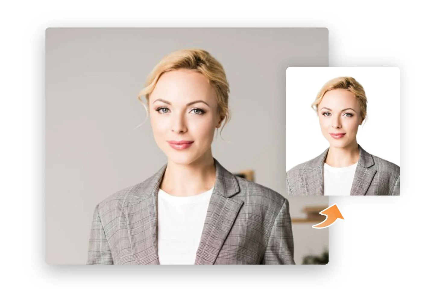 Convert a grey background woman image into a white background passport photo with AI Headshot passport photo maker